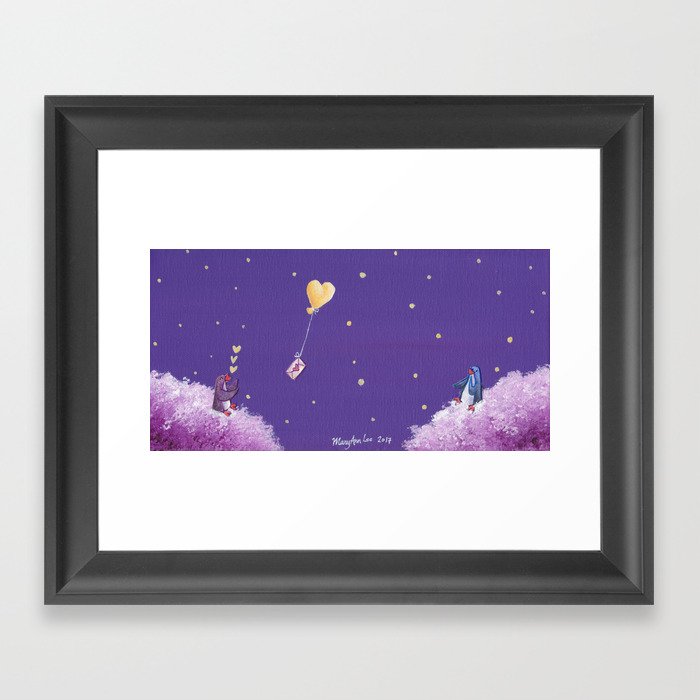 Penguin Sends Love Letter with Heart Balloon to Friend Across Starry Sky Framed Art Print