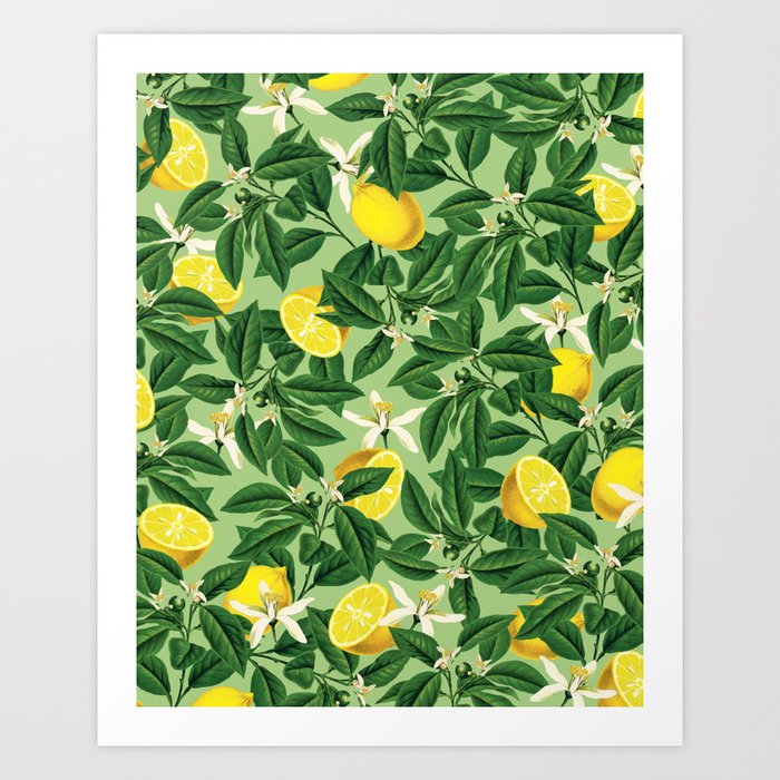 Lemonade Garden, Green Fresh Lemon Botanical Illustration, Vibrant Summer Tropical Fruit Nature Art Print