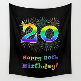 [ Thumbnail: 20th Birthday - Fun Rainbow Spectrum Gradient Pattern Text, Bursting Fireworks Inspired Background Wall Tapestry ]