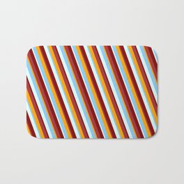 [ Thumbnail: Eye-catching Maroon, Brown, Orange, Light Sky Blue, and Light Cyan Colored Stripes/Lines Pattern Bath Mat ]