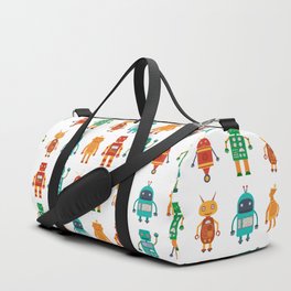 Seamless pattern from colorful retro robots in a flat style on a white background. Vintage illustration.  Duffle Bag
