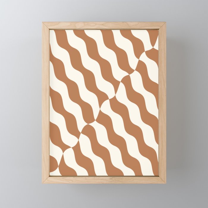 Retro Wavy Abstract Swirl Lines in Brown & White Framed Mini Art Print