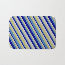 [ Thumbnail: Dark Khaki, Blue, Dark Blue & Grey Colored Lines/Stripes Pattern Bath Mat ]