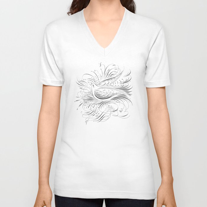 Flourished Bird V Neck T Shirt