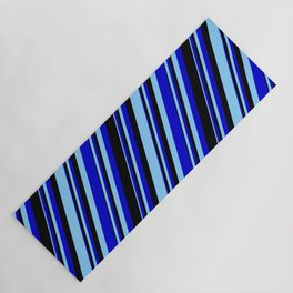 [ Thumbnail: Light Sky Blue, Blue & Black Colored Stripes/Lines Pattern Yoga Mat ]