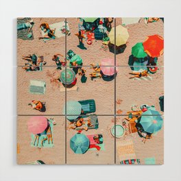 Aerial Drone Summer Beach, People Colorful Umbrellas On Beach Aerial Print, Home Decor Aerial, Minimalist Print, Pastel Beach Wood Wall Art