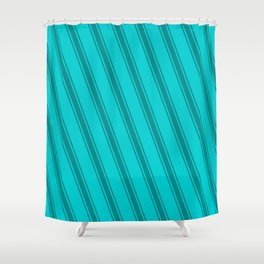 [ Thumbnail: Dark Turquoise & Dark Cyan Colored Lined/Striped Pattern Shower Curtain ]