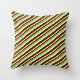 [ Thumbnail: Dark Goldenrod, Dark Sea Green, Green & Maroon Colored Lined Pattern Throw Pillow ]