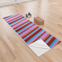 [ Thumbnail: Deep Sky Blue, Dark Red, Chocolate & Violet Colored Lines/Stripes Pattern Yoga Towel ]