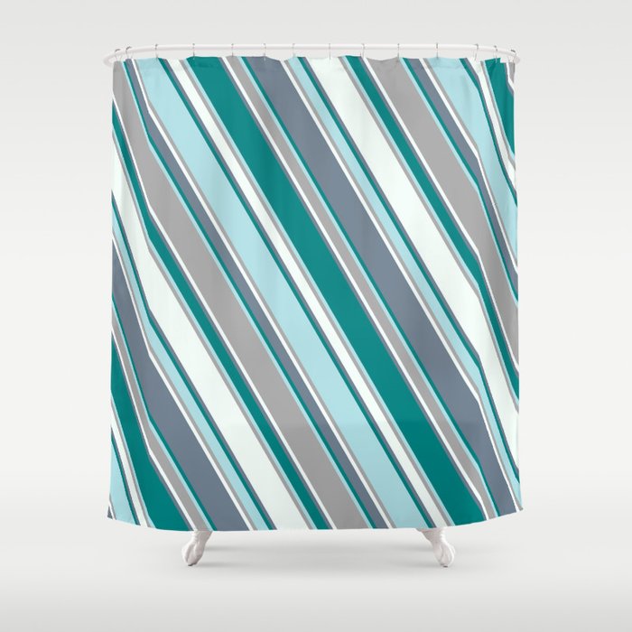 Slate Gray, Teal, Powder Blue, Dark Grey, and Mint Cream Colored Lines/Stripes Pattern Shower Curtain
