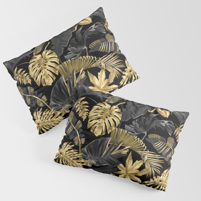 Abstract pattern with gold and black tropical leaves on dark background. Exotic botanical design, hawaiian style, luxury, golden, sparkle, glitter background Pillow Sham
