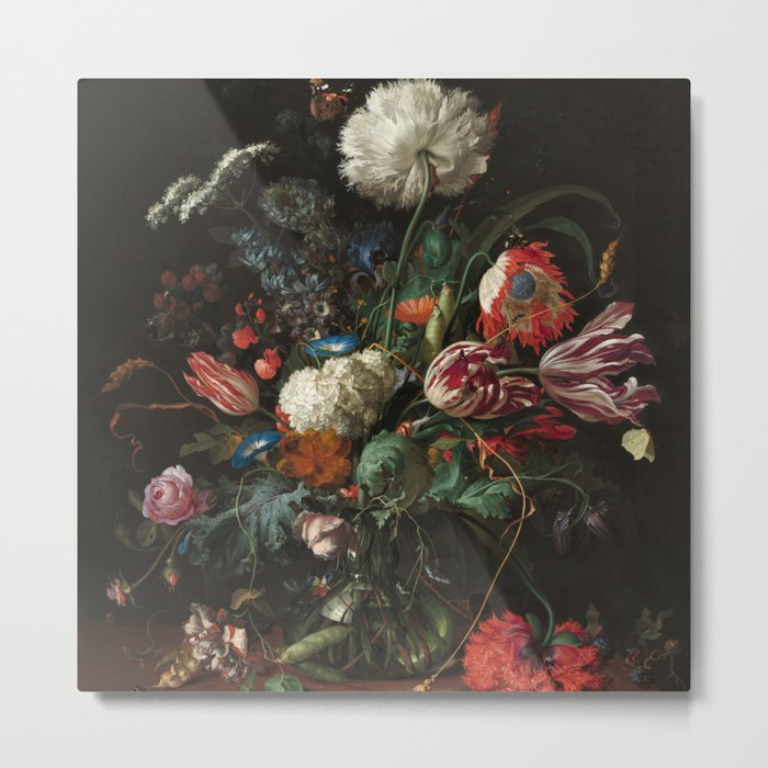 Still Life Parrot Tulips, Peonies, Hibiscus, Hydranga, Periwinkle Flowers in Vase by Jan de Heem Metal Print