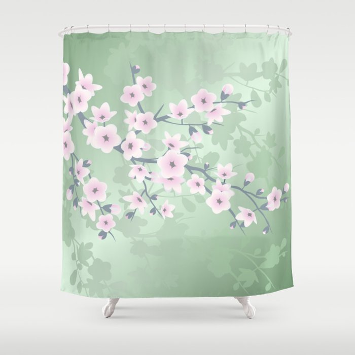  Pink Cherry Blossom Green Background Shower Curtain