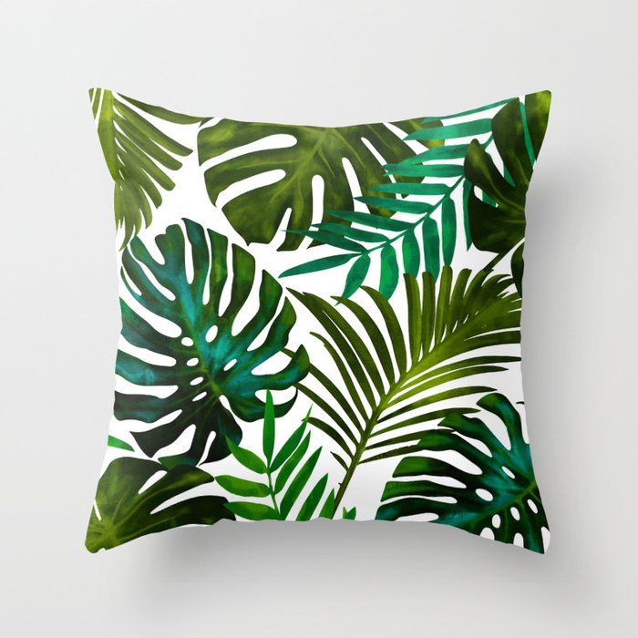 Tropical Dream, Jungle Nature Botanical Monstera Palm Leaves Illustration, Scandinavian Painting Throw Pillow