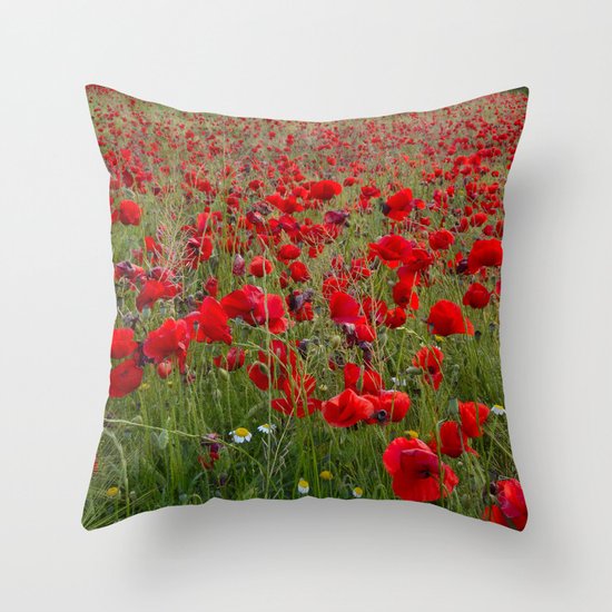 Field of poppies in the lake Throw Pillow