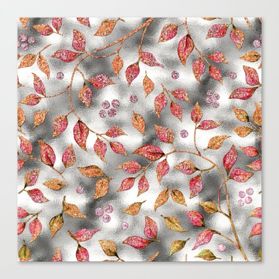 Autumworld- Sparkling pink glitter leaves on silver background #Society6 Canvas Print