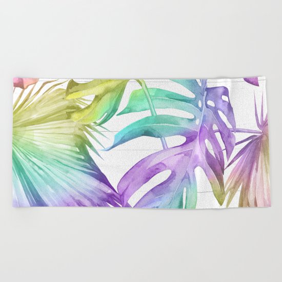 Tropical Rainbow Palm Leaves on Wood Beach Towel