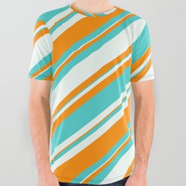 [ Thumbnail: Mint Cream, Dark Orange & Turquoise Colored Lined/Striped Pattern All Over Graphic Tee ]