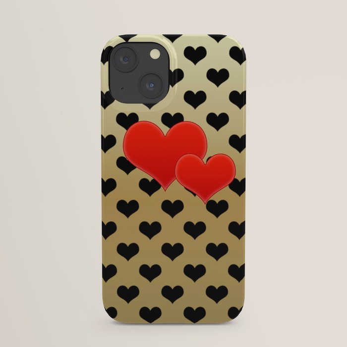 Two red hearts in tandem on black hearts pattern iPhone Case