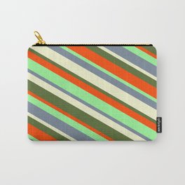 [ Thumbnail: Eyecatching Green, Light Slate Gray, Light Yellow, Dark Olive Green, and Red Colored Lined Pattern Carry-All Pouch ]