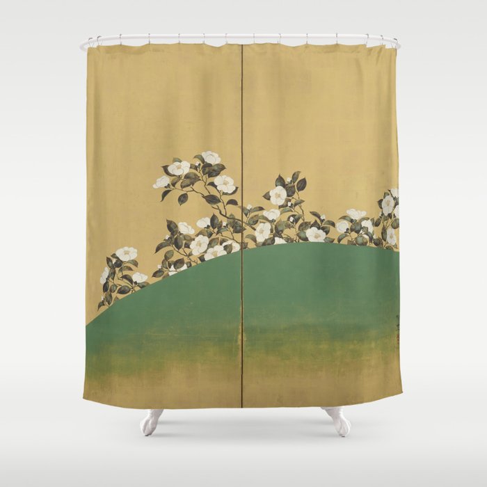 Camelias - Japanese Edo Period 2-Panel Screen Shower Curtain