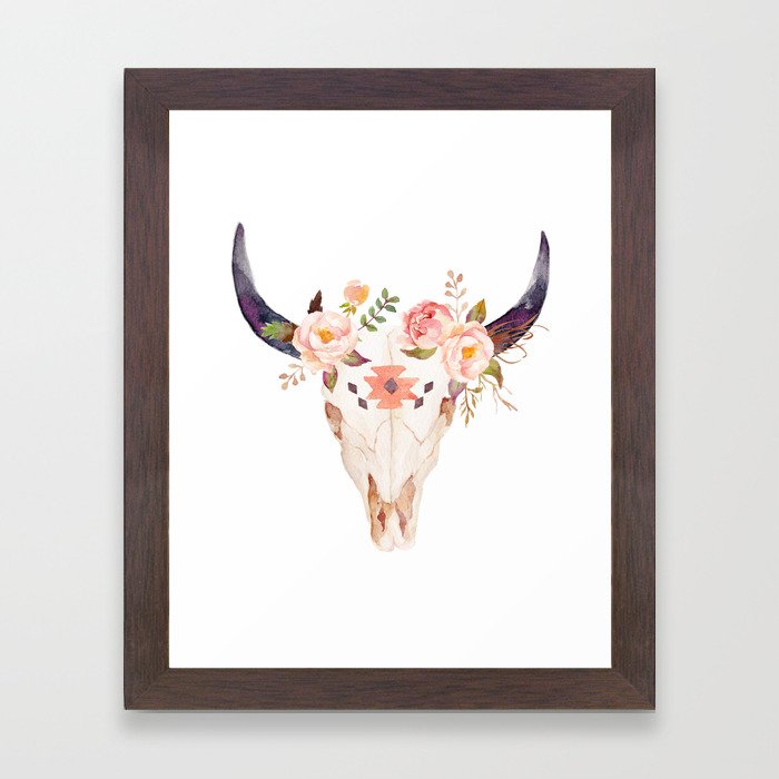 Bull Head Skull Boho Flowers Framed Art Print