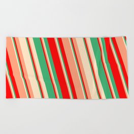 [ Thumbnail: Red, Sea Green, Bisque & Light Salmon Colored Lines/Stripes Pattern Beach Towel ]