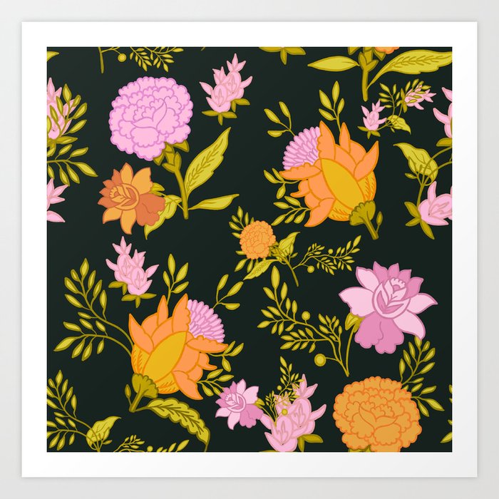 Abuela’s Sheets - Floral Pattern no 3 - pink and forest green Art Print