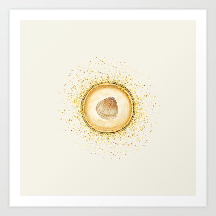 Watercolor Seashell Gold Circle Pendant on Cream Off-White Art Print