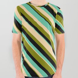 [ Thumbnail: Aquamarine, Tan, Green, and Black Colored Striped Pattern All Over Graphic Tee ]