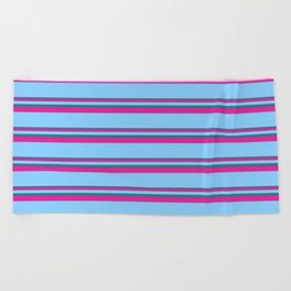 [ Thumbnail: Dark Cyan, Deep Pink, and Light Sky Blue Colored Lined Pattern Beach Towel ]
