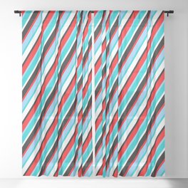[ Thumbnail: Eyecatching Red, Light Sky Blue, Dark Turquoise, White & Black Colored Lined/Striped Pattern Sheer Curtain ]