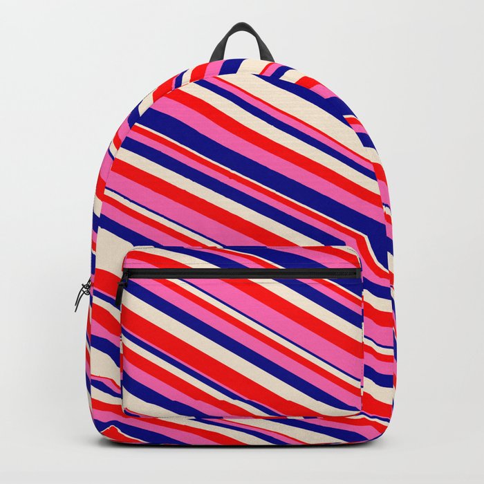 Beige, Red, Hot Pink, and Dark Blue Colored Stripes/Lines Pattern Backpack
