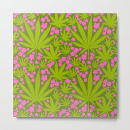 Retro Modern Cannabis And Flowers Pink And Green Metal Print