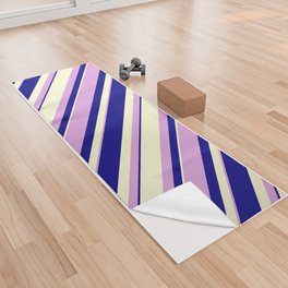 [ Thumbnail: Blue, Plum, and Light Yellow Colored Lines Pattern Yoga Towel ]