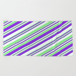 [ Thumbnail: Purple, Mint Cream & Light Green Colored Striped Pattern Beach Towel ]