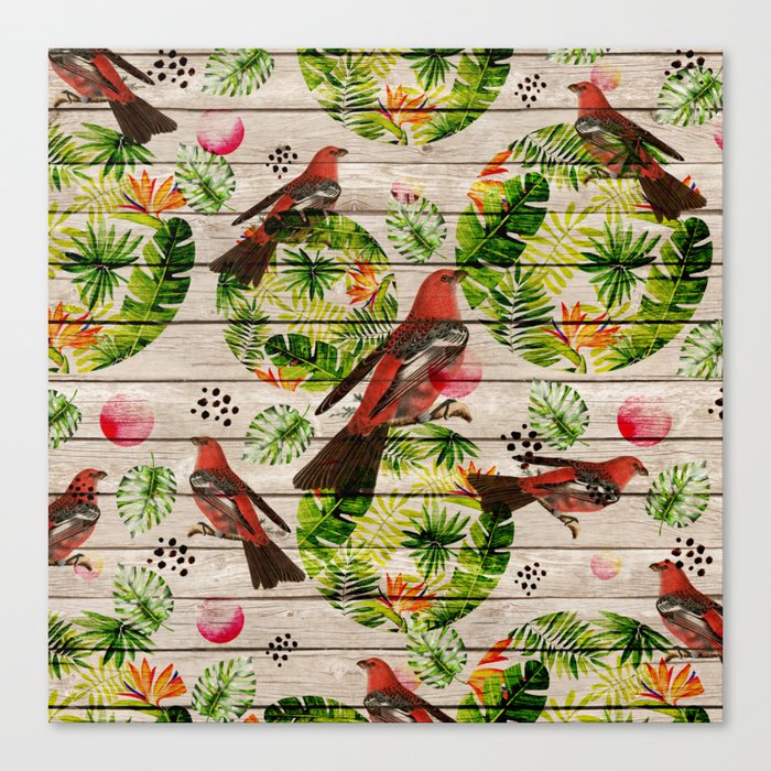 Rustic white wood tropical red green watercolor floral red birds Canvas Print