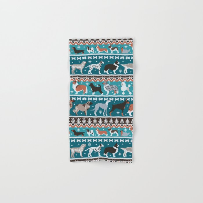 Fluffy and bright fair isle knitting doggie friends // teal background brown orange white and grey dog breeds  Hand & Bath Towel