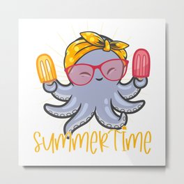 Cute Octopus With Yellow Bandana And Popsicles Metal Print | Sunglasses, Summetime, Popsicle, Yellow, Dots, Graphicdesign, Closed Eyes, Cute, Octopus, Ice Cream 