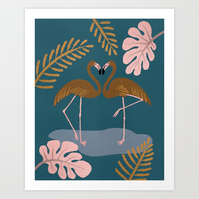 Blue Flamingos In Love Art Print