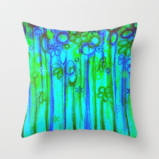 WINTER GARDEN -Bright Blue Green Neon Snowflake Floral Abstract Watercolor Painting and Digital Art Throw Pillow