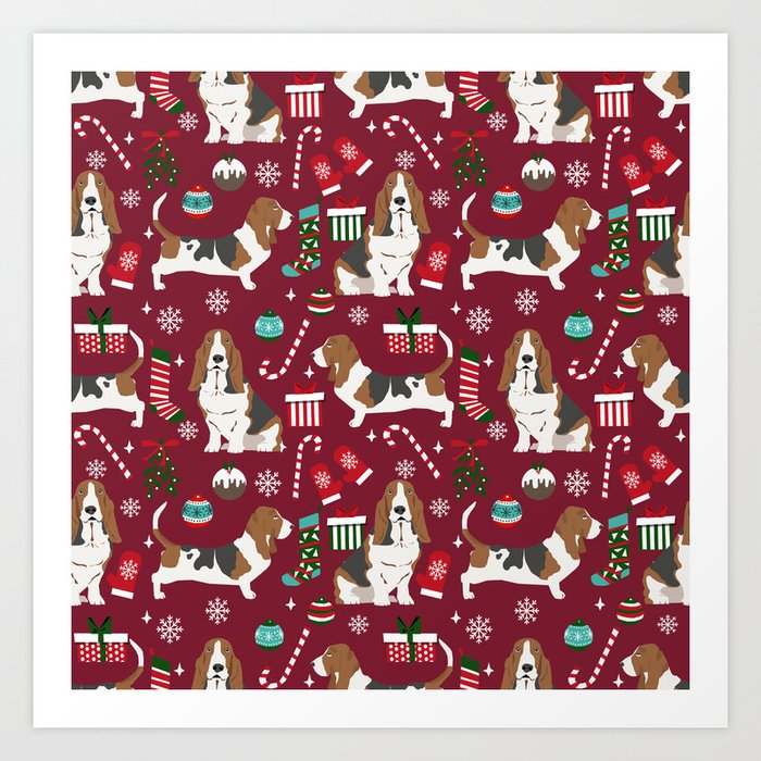 Basset Hound christmas pattern christmas dog breed pet friendly gifts Art Print