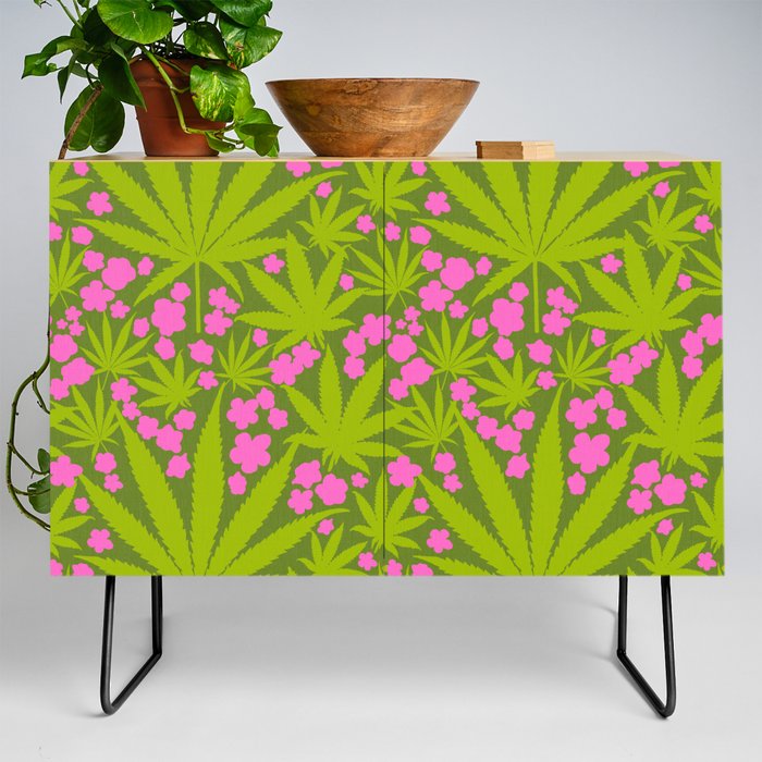 Bright Green And Hot Pink Cannabis Leaves And Flowers Retro Modern Botanical Scandi Floral Pattern Credenza
