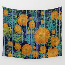Orange Wildflower Pinstripe Paisley  Wall Tapestry
