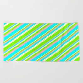 [ Thumbnail: Light Yellow, Green, Light Pink, and Cyan Colored Striped/Lined Pattern Beach Towel ]