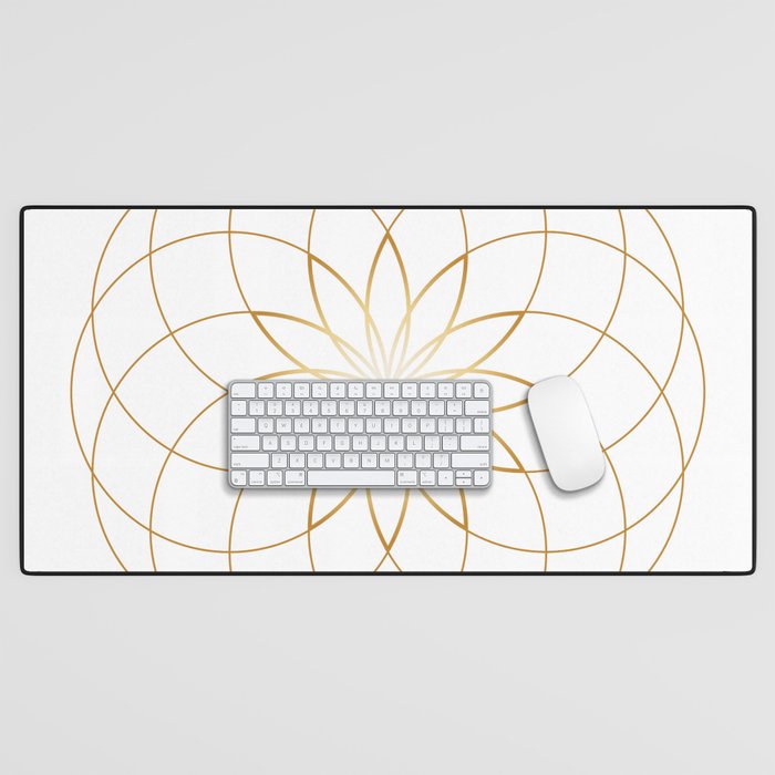 Minimalist Sacred Geometric Circular Flower in Gold and White Desk Mat
