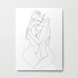 Sensual Lesbian Lovers hugging Minimalist Line Drawing Metal Print | Minimal, Minimalistdecor, Bodylinedrawing, Nude, Sensualloverslgbt, Lesbian, Women, Couplelineart, Lineart, Erotic 