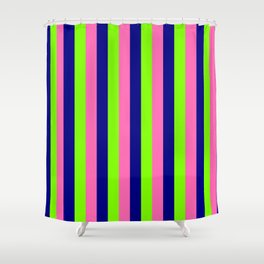 [ Thumbnail: Hot Pink, Blue & Chartreuse Colored Striped Pattern Shower Curtain ]