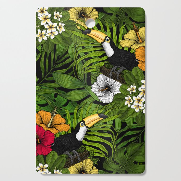Toucans and tropical flora, green, yellow, red and orange Cutting Board