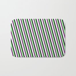 [ Thumbnail: Green, Purple, Mint Cream, and Black Colored Lined/Striped Pattern Bath Mat ]